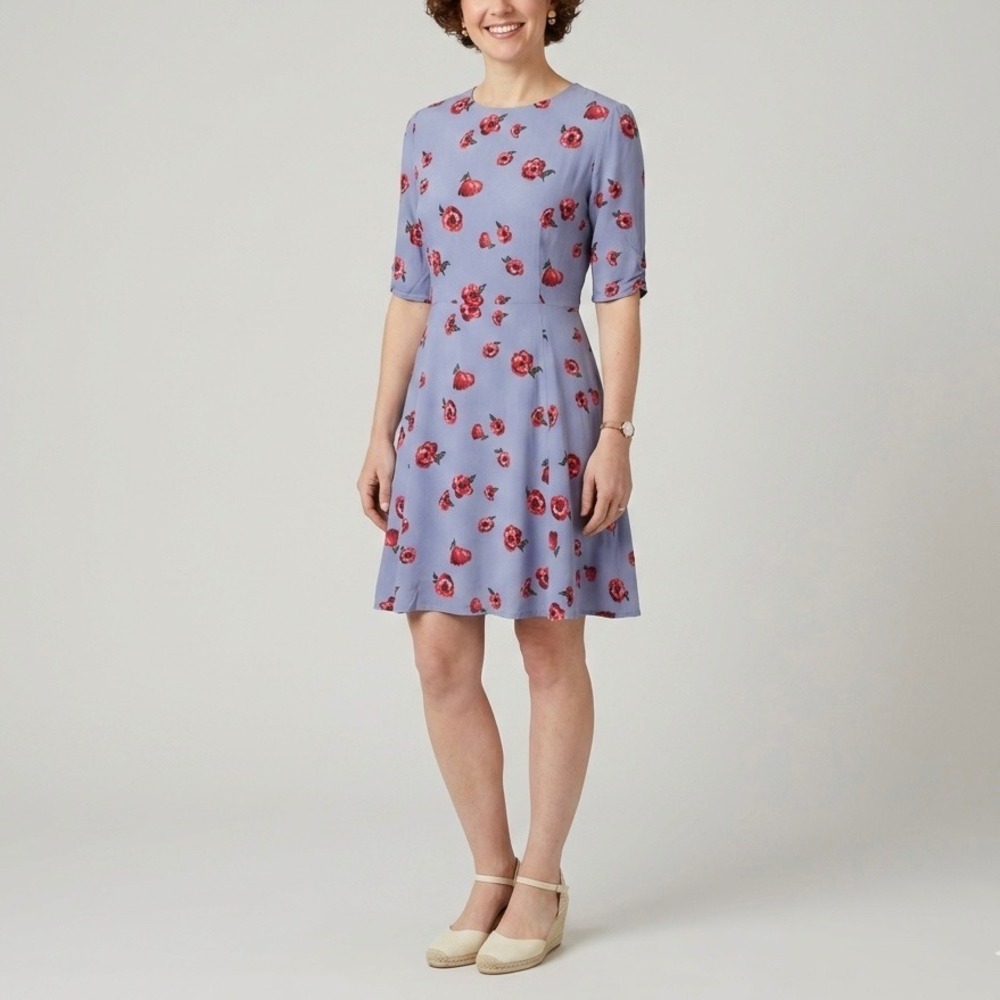 Massimo Dutti Blue Red Rose Floral 100% Mulberry Silk Fit and Flare Dress Medium